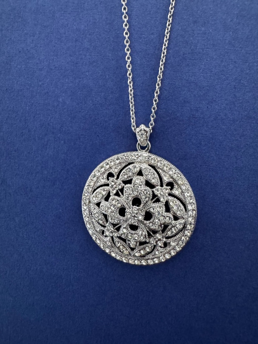 Nadri Silver-Tone Crystal Floral Filigree Pendant Necklace
